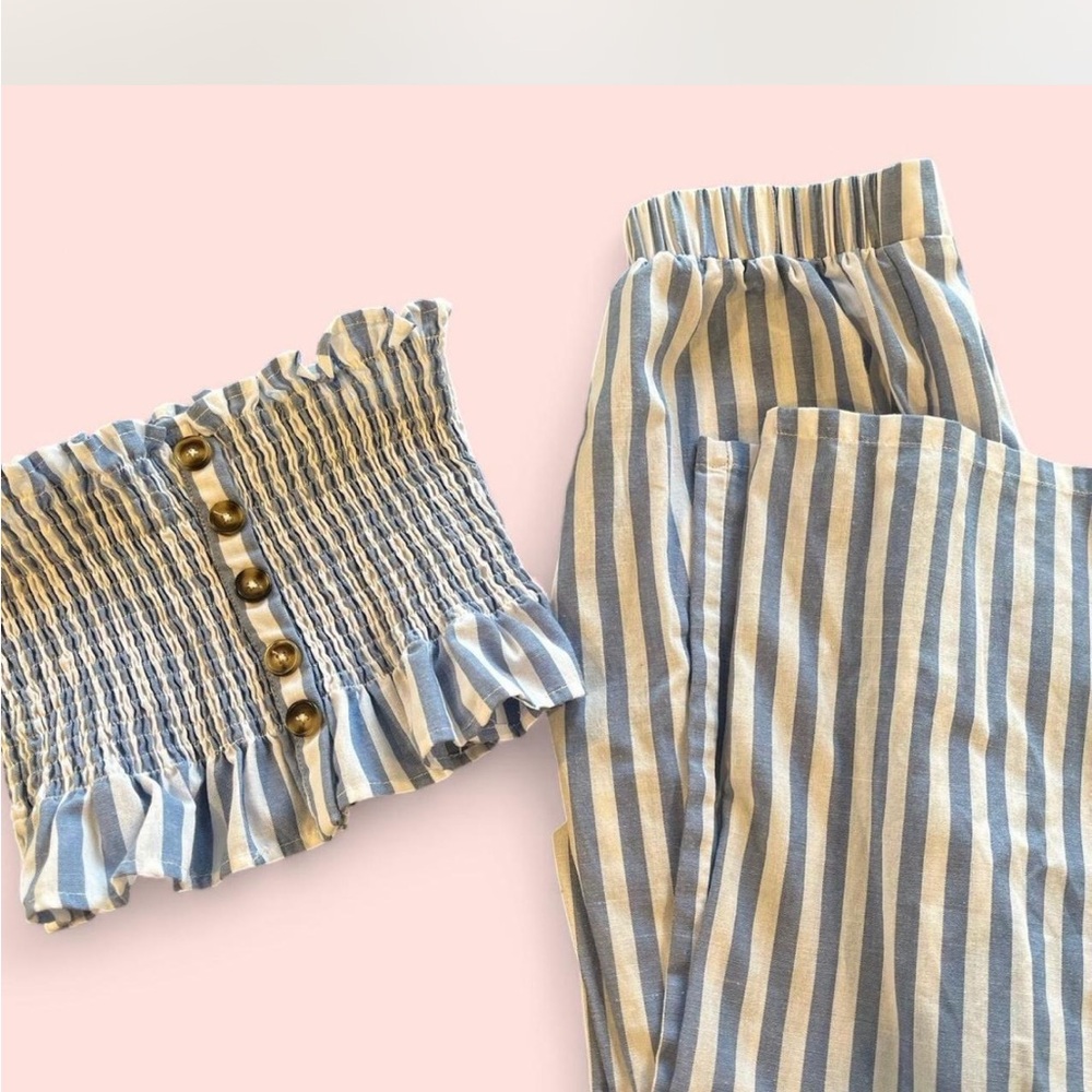 Blue and White Striped Casual Top & Pants Set